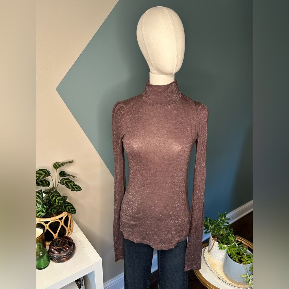 NWOT Project Social T Mockneck Glitter Sparkle Top Purple Long Sleeve Stretch M